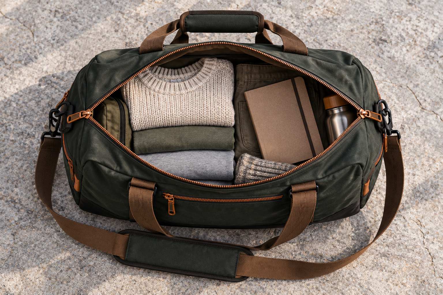 Open NORTHLINE weekender with folded clothes and a notebook, viewed from above